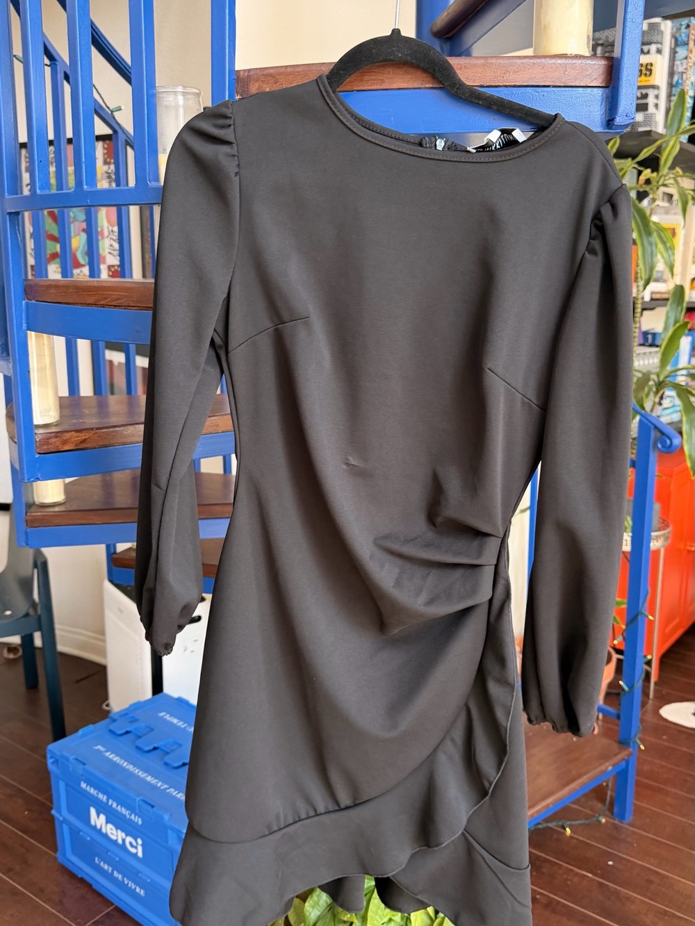 Black Long Sleeve Midi Dress with Ruched Side Detail